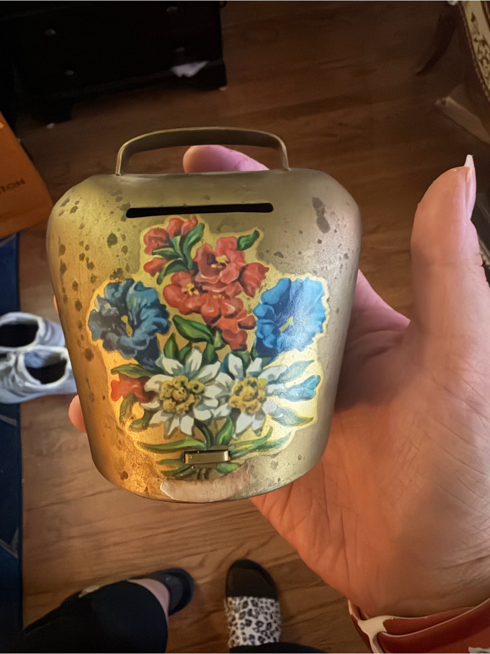 Floral Painted Metal Coin Bank - Gold Finish
